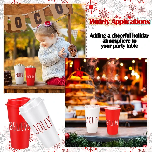 Alt view image 3 of 6 - Qinyoung 24 Pcs Hot Cocoa Reusable Coffee Cups Bulk 16 oz Christmas Coffee Mugs with Lid Plastic Tumblers Travel Gift for Xmas Drinks Chocolate Bar Party Supplies(Merry Believe Jolly Noel)