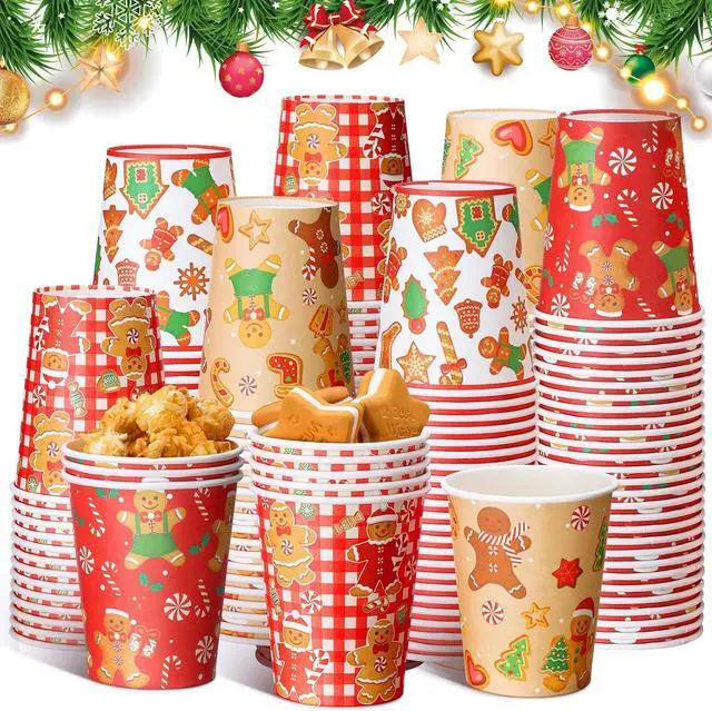 Main image of Dandat 200 Pcs Christmas Gingerbread Paper Cups Hot Chocolate Coffee Cups 9 Ounce Red Christmas Gingerbread Disposable Paper Cup for Holiday Xmas Daily Tea Coffee Drinking