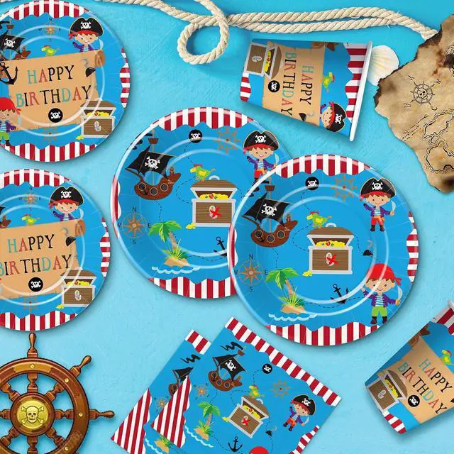 Alt view image 6 of 7 - APOWBLS Pirate Birthday Party Supplies - Pirate Party Decorations Tableware For Kids, Pirate Plate, Napkin, Tablecloth, Fork, Pirate Birthday Plates And Napkins Party Decorations Dinnerware | Serve 24