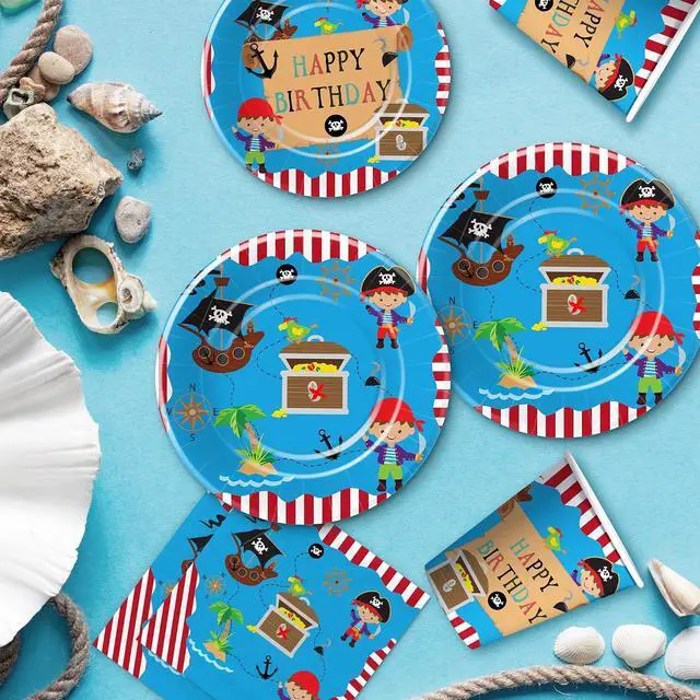 Alt view image 4 of 7 - APOWBLS Pirate Birthday Party Supplies - Pirate Party Decorations Tableware For Kids, Pirate Plate, Napkin, Tablecloth, Fork, Pirate Birthday Plates And Napkins Party Decorations Dinnerware | Serve 24