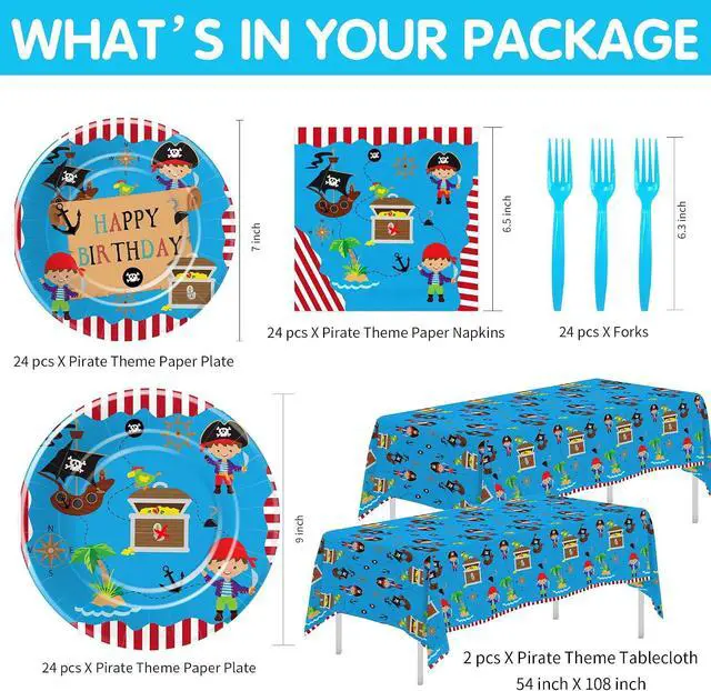 Alt view image 2 of 7 - APOWBLS Pirate Birthday Party Supplies - Pirate Party Decorations Tableware For Kids, Pirate Plate, Napkin, Tablecloth, Fork, Pirate Birthday Plates And Napkins Party Decorations Dinnerware | Serve 24