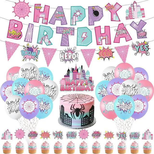 Main image of Hero Party Decoration Hero Happy Birthday Banner Pink Spidey Theme Pennant Flag Banner Cake Toppers Latex Balloons for Spider Girl Birthday Baby Shower Party Supplies