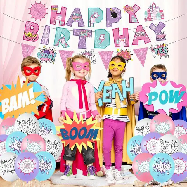Alt view image 4 of 7 - Hero Party Decoration Hero Happy Birthday Banner Pink Spidey Theme Pennant Flag Banner Cake Toppers Latex Balloons for Spider Girl Birthday Baby Shower Party Supplies