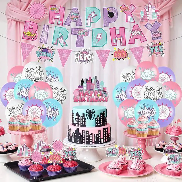 Alt view image 2 of 7 - Hero Party Decoration Hero Happy Birthday Banner Pink Spidey Theme Pennant Flag Banner Cake Toppers Latex Balloons for Spider Girl Birthday Baby Shower Party Supplies