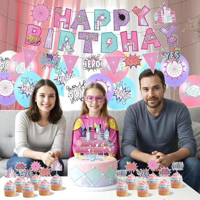 Alt view image 3 of 7 - Hero Party Decoration Hero Happy Birthday Banner Pink Spidey Theme Pennant Flag Banner Cake Toppers Latex Balloons for Spider Girl Birthday Baby Shower Party Supplies