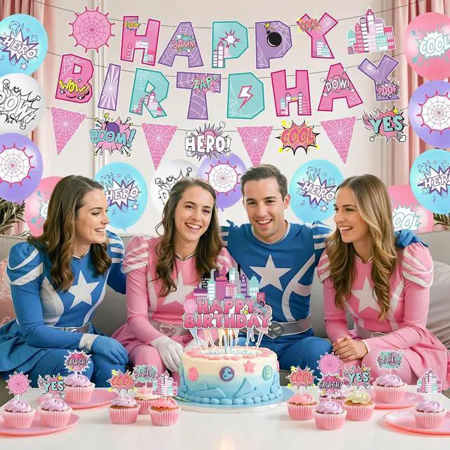 Alt view image 5 of 7 - Hero Party Decoration Hero Happy Birthday Banner Pink Spidey Theme Pennant Flag Banner Cake Toppers Latex Balloons for Spider Girl Birthday Baby Shower Party Supplies