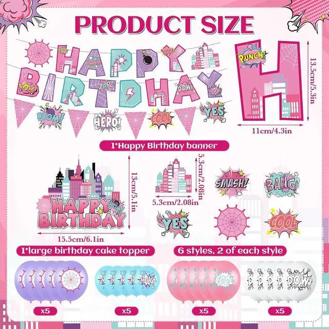 Alt view image 6 of 7 - Hero Party Decoration Hero Happy Birthday Banner Pink Spidey Theme Pennant Flag Banner Cake Toppers Latex Balloons for Spider Girl Birthday Baby Shower Party Supplies