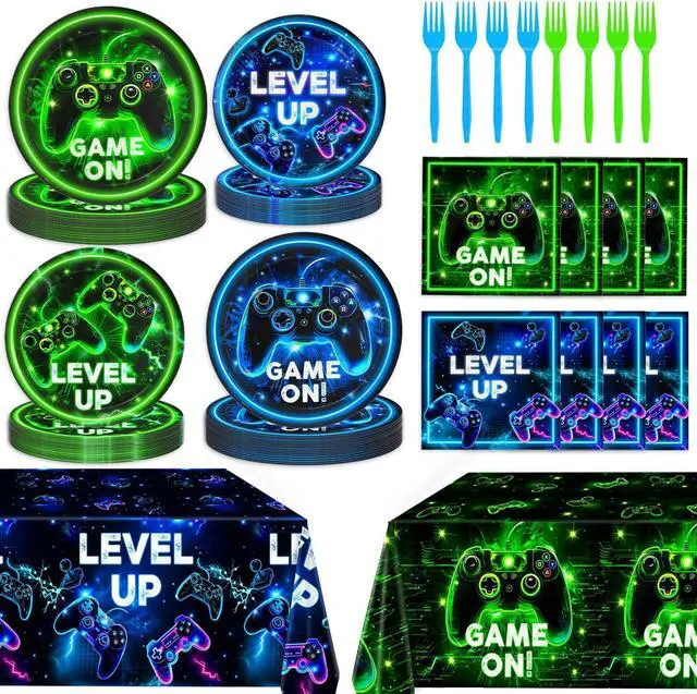 Main image of Video Game Birthday Decorations - Neon Level Up Game Tableware Includes Plates, Napkins, Cups, Forks, Tablecloths for Boy Gamer Birthday Party, Serves 24