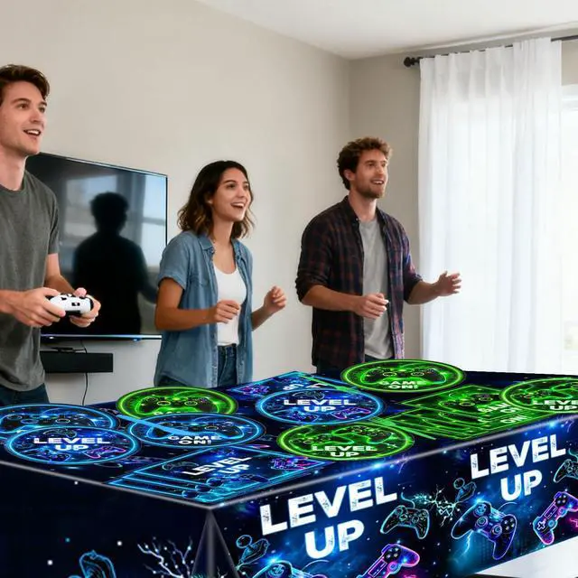 Alt view image 5 of 7 - Video Game Birthday Decorations - Neon Level Up Game Tableware Includes Plates, Napkins, Cups, Forks, Tablecloths for Boy Gamer Birthday Party, Serves 24