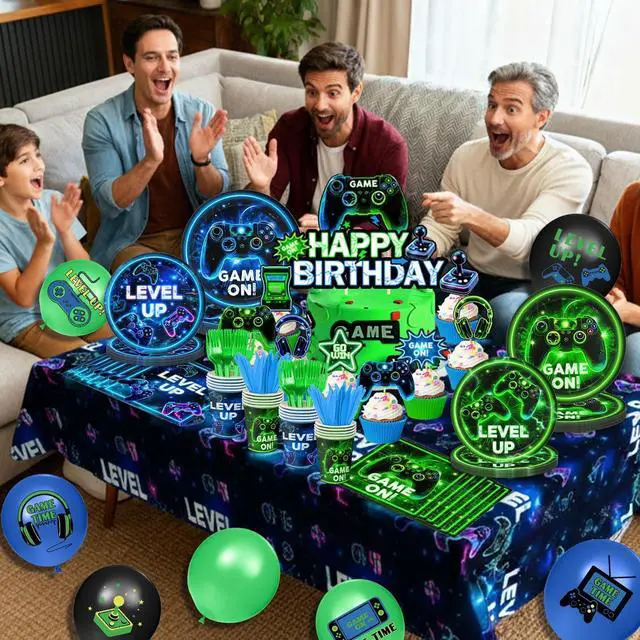 Alt view image 6 of 7 - Video Game Birthday Decorations - Neon Level Up Game Tableware Includes Plates, Napkins, Cups, Forks, Tablecloths for Boy Gamer Birthday Party, Serves 24