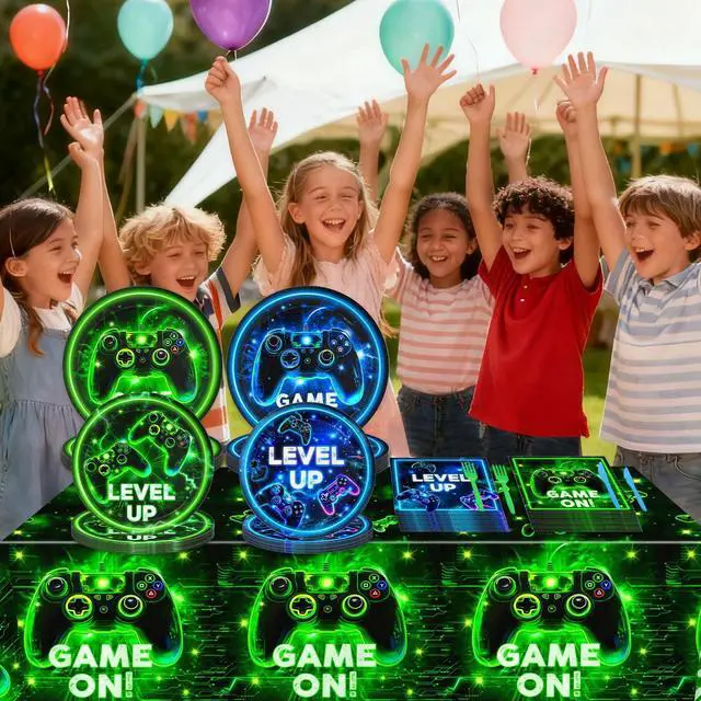 Alt view image 7 of 7 - Video Game Birthday Decorations - Neon Level Up Game Tableware Includes Plates, Napkins, Cups, Forks, Tablecloths for Boy Gamer Birthday Party, Serves 24