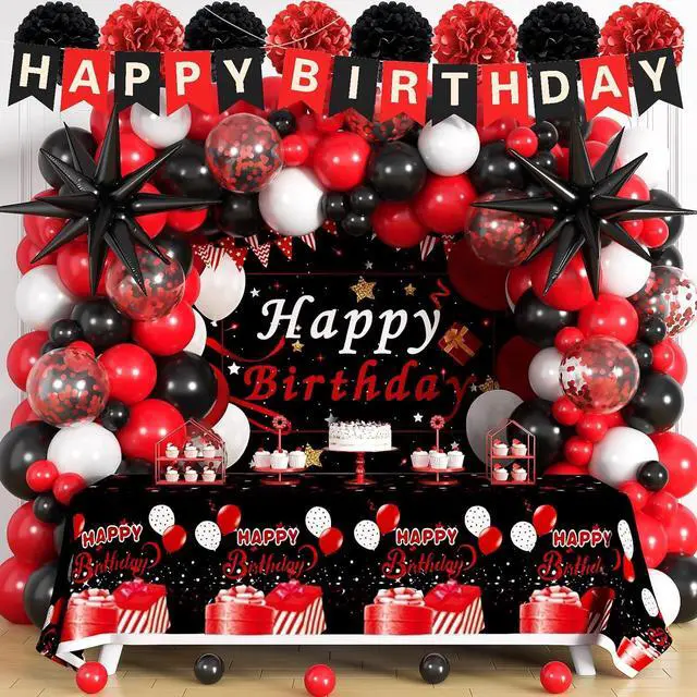 Main image of Red Birthday Decorations for Men Women Boys Girls, 95pcs Red Black and White Birthday Decor, 16th 18 40th 50th 60th Birthday Decor Party Supplies, Pompoms Backdrop Tablecloth Banner Balloons