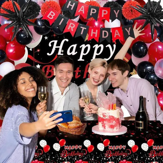 Alt view image 3 of 7 - Red Birthday Decorations for Men Women Boys Girls, 95pcs Red Black and White Birthday Decor, 16th 18 40th 50th 60th Birthday Decor Party Supplies, Pompoms Backdrop Tablecloth Banner Balloons