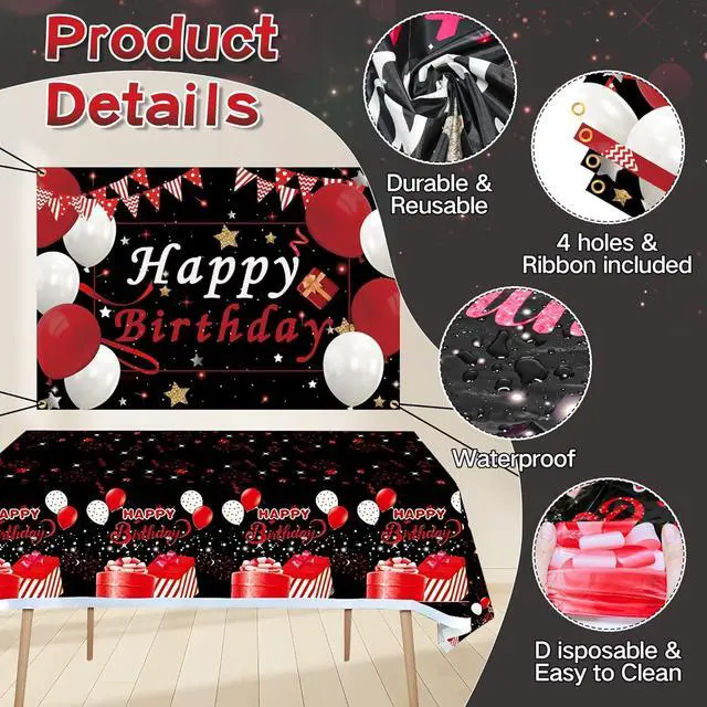 Alt view image 5 of 7 - Red Birthday Decorations for Men Women Boys Girls, 95pcs Red Black and White Birthday Decor, 16th 18 40th 50th 60th Birthday Decor Party Supplies, Pompoms Backdrop Tablecloth Banner Balloons