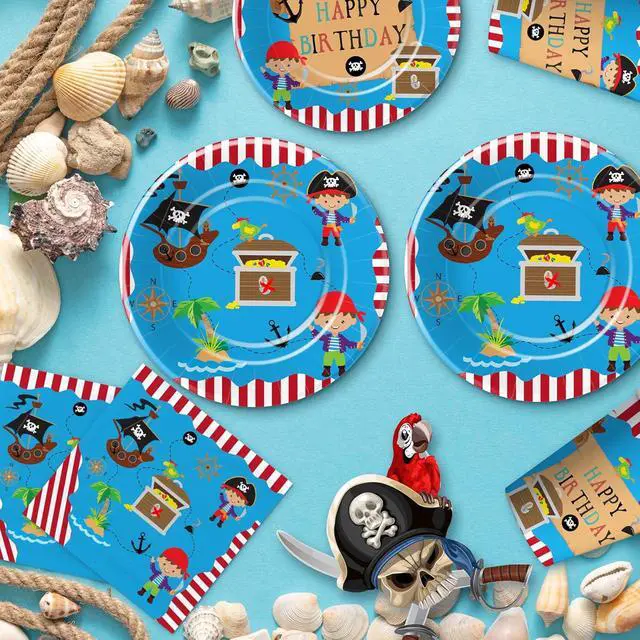 Alt view image 3 of 7 - APOWBLS Pirate Birthday Party Supplies - Pirate Party Decorations Tableware For Kids, Pirate Plate, Napkin, Tablecloth, Fork, Pirate Birthday Plates And Napkins Party Decorations Dinnerware | Serve 24