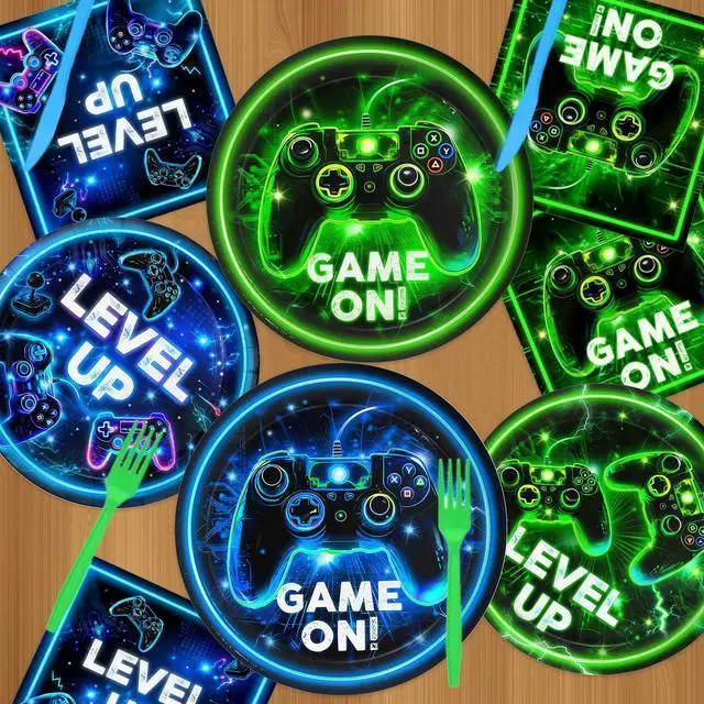 Alt view image 3 of 7 - Video Game Birthday Decorations - Neon Level Up Game Tableware Includes Plates, Napkins, Cups, Forks, Tablecloths for Boy Gamer Birthday Party, Serves 24