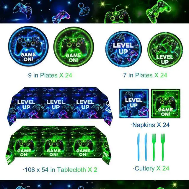 Alt view image 2 of 7 - Video Game Birthday Decorations - Neon Level Up Game Tableware Includes Plates, Napkins, Cups, Forks, Tablecloths for Boy Gamer Birthday Party, Serves 24