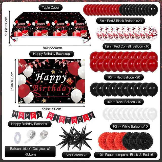 Alt view image 2 of 7 - Red Birthday Decorations for Men Women Boys Girls, 95pcs Red Black and White Birthday Decor, 16th 18 40th 50th 60th Birthday Decor Party Supplies, Pompoms Backdrop Tablecloth Banner Balloons