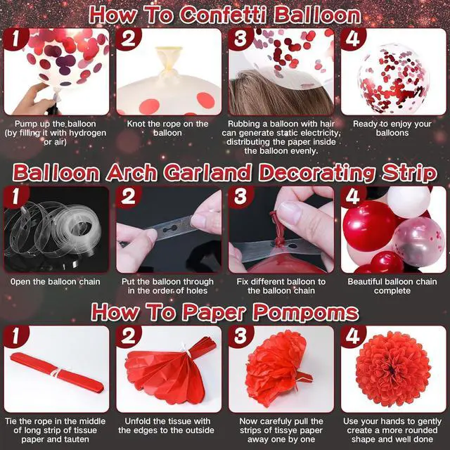 Alt view image 6 of 7 - Red Birthday Decorations for Men Women Boys Girls, 95pcs Red Black and White Birthday Decor, 16th 18 40th 50th 60th Birthday Decor Party Supplies, Pompoms Backdrop Tablecloth Banner Balloons