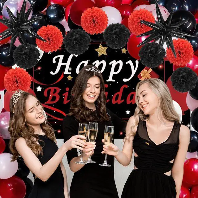 Alt view image 7 of 7 - Red Birthday Decorations for Men Women Boys Girls, 95pcs Red Black and White Birthday Decor, 16th 18 40th 50th 60th Birthday Decor Party Supplies, Pompoms Backdrop Tablecloth Banner Balloons