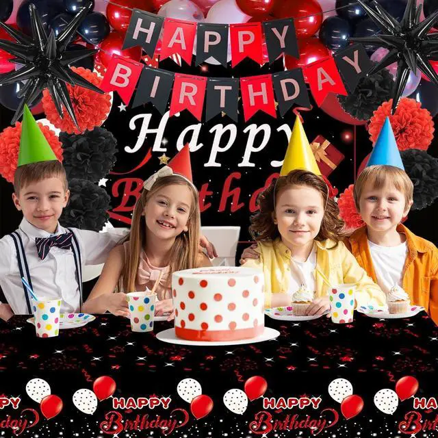 Alt view image 4 of 7 - Red Birthday Decorations for Men Women Boys Girls, 95pcs Red Black and White Birthday Decor, 16th 18 40th 50th 60th Birthday Decor Party Supplies, Pompoms Backdrop Tablecloth Banner Balloons