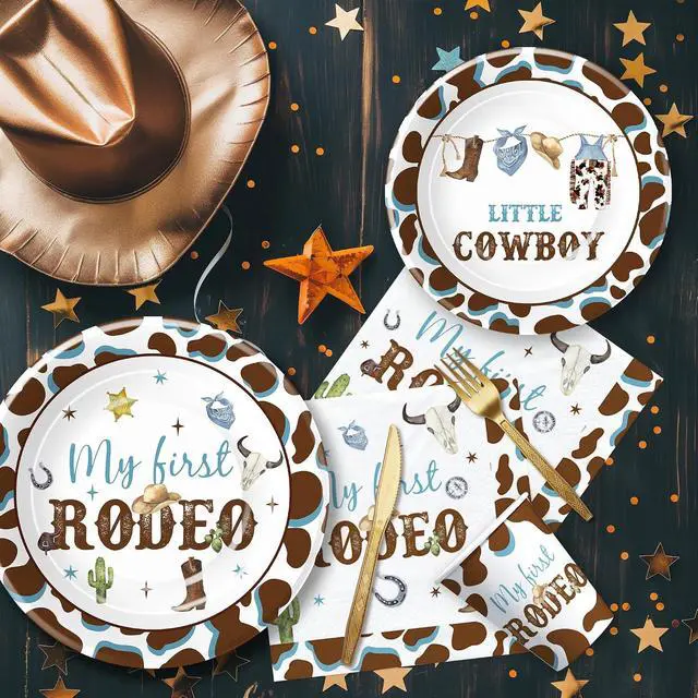 Alt view image 4 of 7 - My First Rodeo Birthday Party Supplies Boy - Western Cowboy 1st Birthday Party Tableware, Paper Plate, Cup, Napkin, Disposable Cutlery, Wild West First Table Decorations | Serve 24
