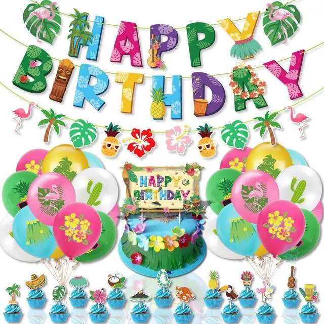 Main image of Hawaiian Birthday Party Decorations for Girls Boys Flamingo Pineapples Cactus Happy Birthday Banner Balloons Cake Cupcake Toppers for Summer Luau Hawaii Aloha Tropical Beach Theme Party Supplies