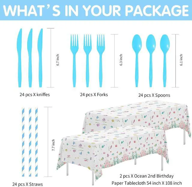 Alt view image 3 of 7 - APOWBLS Two The Sea Birthday Decorations Tableware, Ocean Underwater Under The Sea 2nd Birthday Party Supplies, Paper Plate, Cup, Napkin, Tablecloth, Cutlery | Serves 24