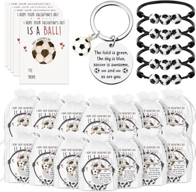 Main image of Ferreve 18 Sets Soccer Team Gift Set, Soccer Party Favor Bags with Bracelets, Keychains and Motivational Cards, Bulk Gifts for Players, Team Events, Birthdays, Tournament Prizes