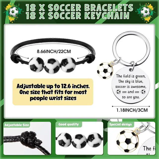 Alt view image 2 of 7 - Ferreve 18 Sets Soccer Team Gift Set, Soccer Party Favor Bags with Bracelets, Keychains and Motivational Cards, Bulk Gifts for Players, Team Events, Birthdays, Tournament Prizes
