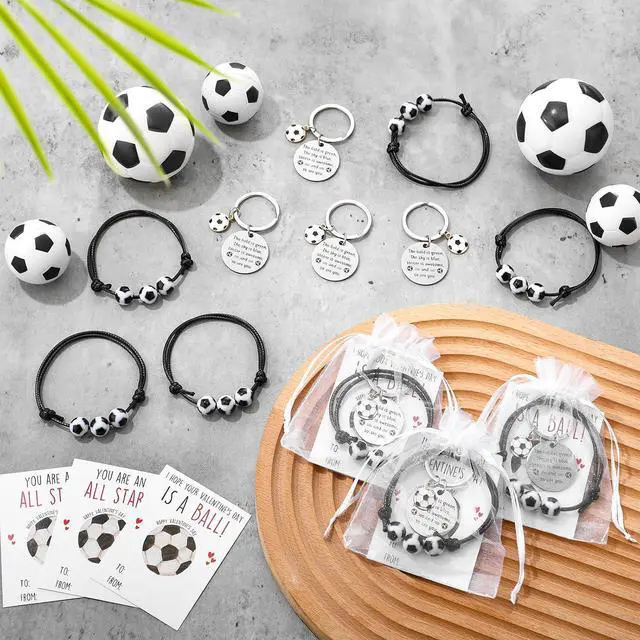Alt view image 5 of 7 - Ferreve 18 Sets Soccer Team Gift Set, Soccer Party Favor Bags with Bracelets, Keychains and Motivational Cards, Bulk Gifts for Players, Team Events, Birthdays, Tournament Prizes