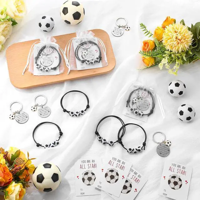 Alt view image 4 of 7 - Ferreve 18 Sets Soccer Team Gift Set, Soccer Party Favor Bags with Bracelets, Keychains and Motivational Cards, Bulk Gifts for Players, Team Events, Birthdays, Tournament Prizes