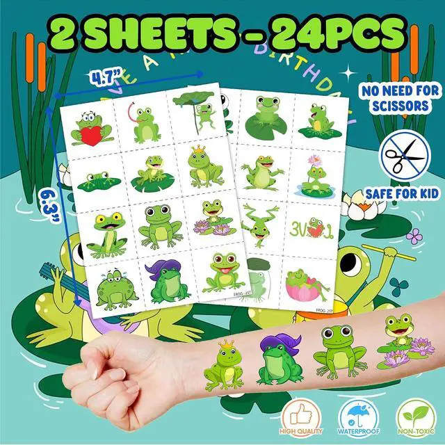 Alt view image 3 of 7 - 36PCS Frog Party Favors - 24PCS Pre-Cut Temporary Tattoos & 12PCS Stamps - Ideal Animal Frog Princess Themed Birthday Card Decorations Supplies Goodie Bag Cute Rewards for Boys Girls Classroom Gifts