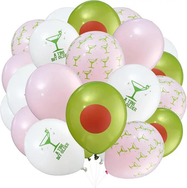 Main image of Hungdao 60 Pcs Martini Latex Balloons A Tini Bit Older Birthday Balloons 10 Inch Olive Cocktail Balloon Decorations Tiny Bit Older Party Decor for Bachelorette Wedding Party Supplies(Pink Green)