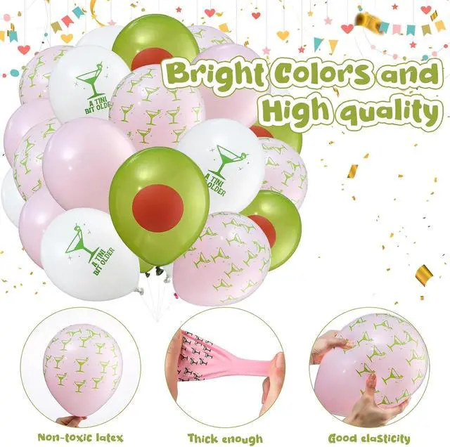 Alt view image 3 of 6 - Hungdao 60 Pcs Martini Latex Balloons A Tini Bit Older Birthday Balloons 10 Inch Olive Cocktail Balloon Decorations Tiny Bit Older Party Decor for Bachelorette Wedding Party Supplies(Pink Green)