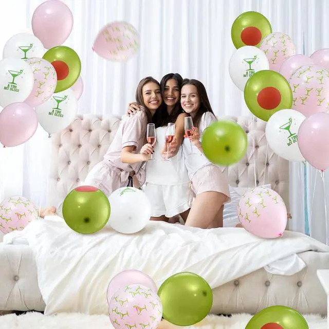 Alt view image 4 of 6 - Hungdao 60 Pcs Martini Latex Balloons A Tini Bit Older Birthday Balloons 10 Inch Olive Cocktail Balloon Decorations Tiny Bit Older Party Decor for Bachelorette Wedding Party Supplies(Pink Green)