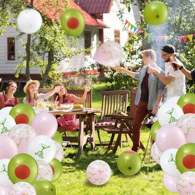 Alt view image 5 of 6 - Hungdao 60 Pcs Martini Latex Balloons A Tini Bit Older Birthday Balloons 10 Inch Olive Cocktail Balloon Decorations Tiny Bit Older Party Decor for Bachelorette Wedding Party Supplies(Pink Green)