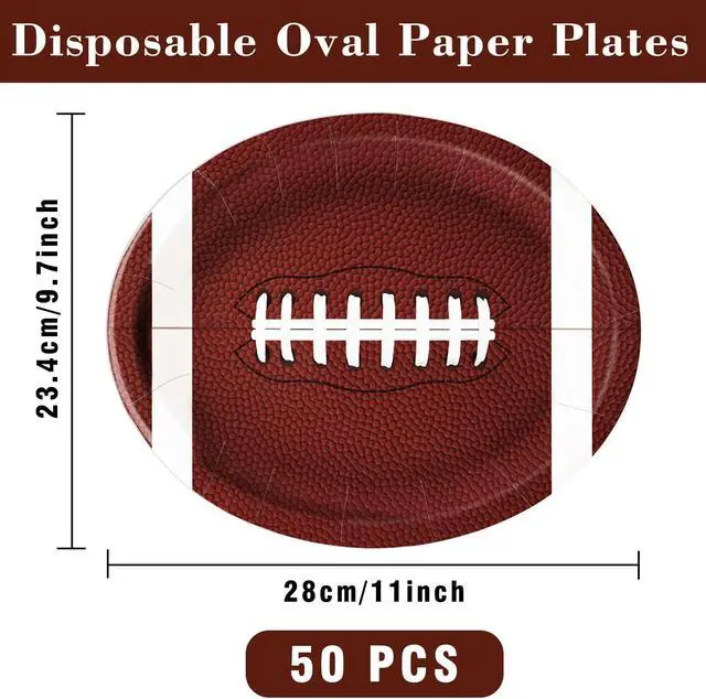 Alt view image 2 of 7 - LINHAXM 50PCS Football Plates, Large 9 x 11 inch Football Shaped Disposable Paper Plates for Football Birthday & Tailgate Party Decorations