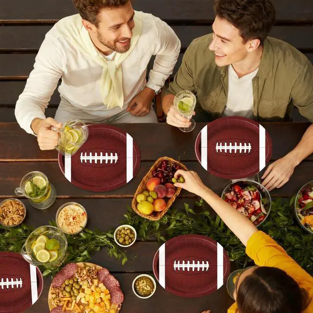 Alt view image 7 of 7 - LINHAXM 50PCS Football Plates, Large 9 x 11 inch Football Shaped Disposable Paper Plates for Football Birthday & Tailgate Party Decorations