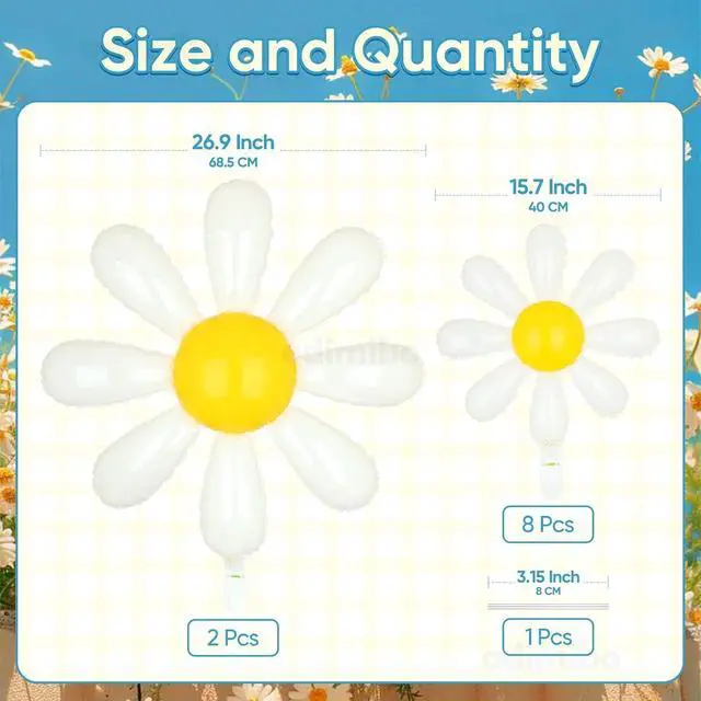 Alt view image 3 of 7 - 10 Pcs Mylar Daisy Balloons White Flower Foil Balloons for Baby Shower Spring Party Decorations Groovy Boho Birthday Supplies (Medium X 2, Small X 8)