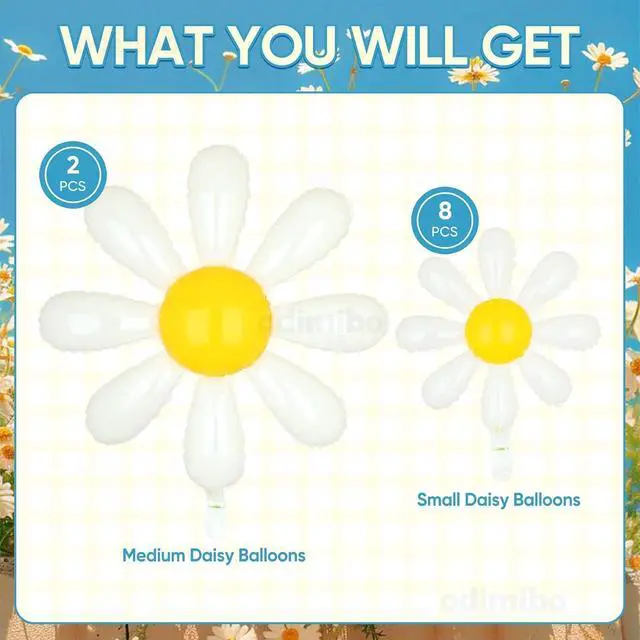 Alt view image 4 of 7 - 10 Pcs Mylar Daisy Balloons White Flower Foil Balloons for Baby Shower Spring Party Decorations Groovy Boho Birthday Supplies (Medium X 2, Small X 8)
