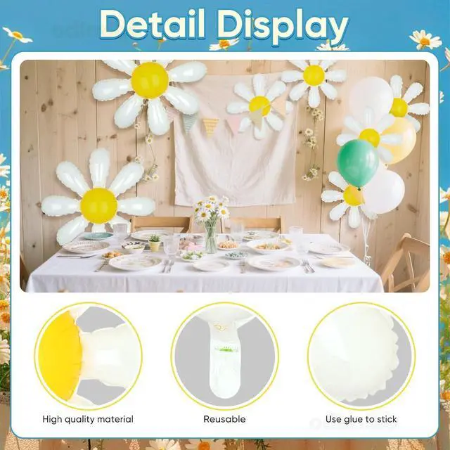 Alt view image 5 of 7 - 10 Pcs Mylar Daisy Balloons White Flower Foil Balloons for Baby Shower Spring Party Decorations Groovy Boho Birthday Supplies (Medium X 2, Small X 8)