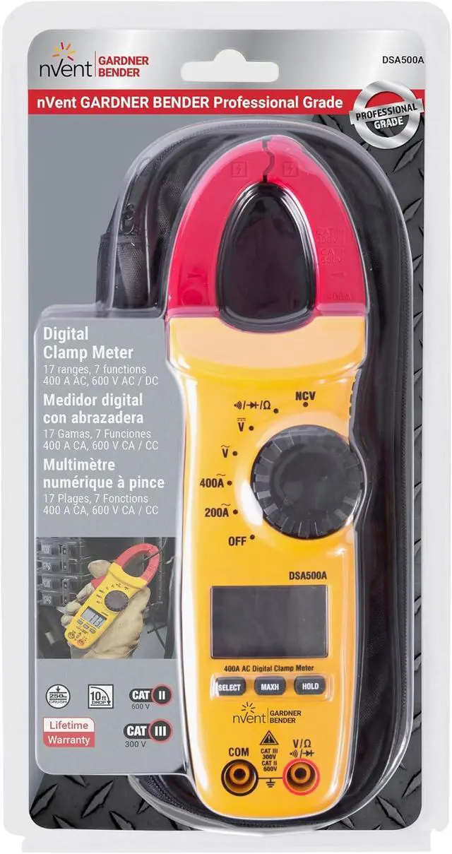 Alt view image 3 of 7 - Gardner Bender Sperry Instruments DSA500A Digital Snap-Around Clamp Meter, 5 Function, 9 Range, 400-600V AC/DC, with Case, Measures Outlet & Panel Voltage, Yellow