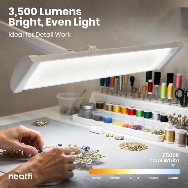 Alt view image 6 of 7 - Neatfi Ultra 3,500 Lumens LED Desk Lamp with Base 45W, 270 SMD LEDs, Shadow-Free | Adjustable Brightness | Non-Flickering Task Light for Nail, Craft & Office (White-3, 26-Inch Wide Shade)