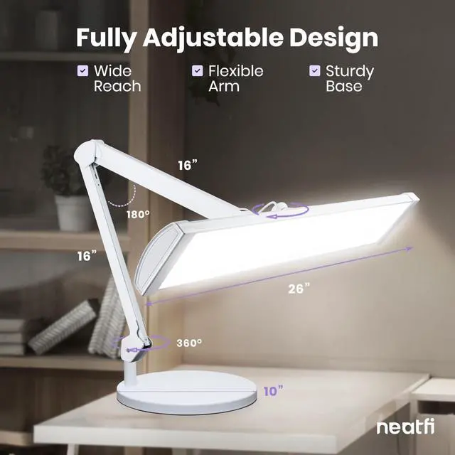 Alt view image 7 of 7 - Neatfi Ultra 3,500 Lumens LED Desk Lamp with Base 45W, 270 SMD LEDs, Shadow-Free | Adjustable Brightness | Non-Flickering Task Light for Nail, Craft & Office (White-3, 26-Inch Wide Shade)