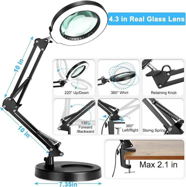 Alt view image 5 of 7 - Coyeth 10X Magnifying Glass with Light and Stand, 5 Color Modes Stepless Dimmable 2-in-1 Lighted Magnifier with Clamp, LED Desk Lamp Hands Free for Crafts Hobby Reading Painting Sewing Close Work