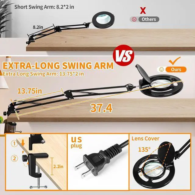 Alt view image 2 of 7 - HITTI 10X Long Magnifying Glass with Light and Stand, 2200 Lumens Dimmable Bright LED Lighted Magnifier, Ajustable Swing Arm Magnifying Desk Lamp with Clamp, Hands Free for Hobby Repair Workbench