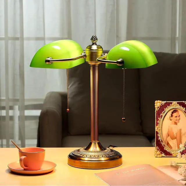 Alt view image 2 of 7 - Green Double Head Glass Bankers Desk Lamp with Pull Chain Switch Plug in Fixture for Library, Office, Cafe