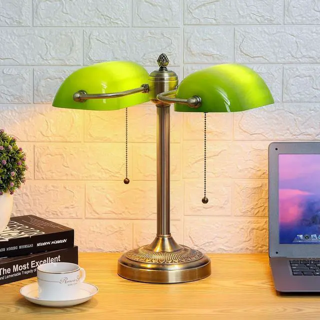 Alt view image 3 of 7 - Green Double Head Glass Bankers Desk Lamp with Pull Chain Switch Plug in Fixture for Library, Office, Cafe