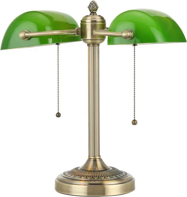Alt view image 7 of 7 - Green Double Head Glass Bankers Desk Lamp with Pull Chain Switch Plug in Fixture for Library, Office, Cafe